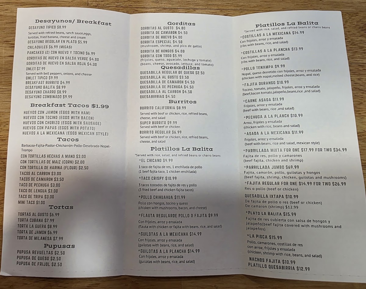 Tacos La Balita Menu - Image 1
